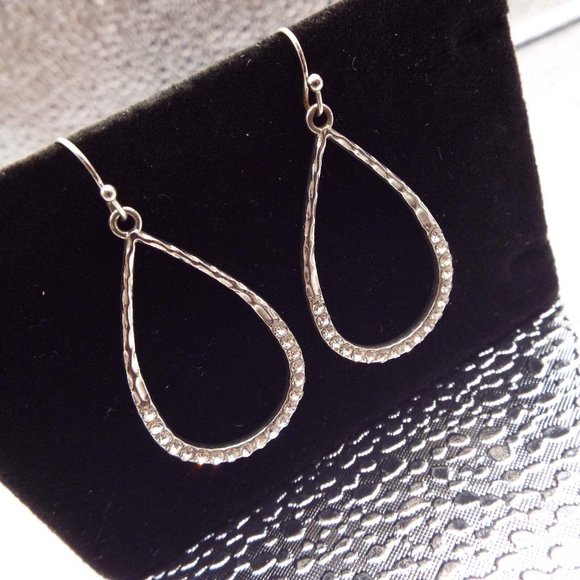 SILVERY LONG TEARDROP WITH CRYSTALS ON THE LOWER EDGE PIERCED EARRINGS 18 - Picture 1 of 2